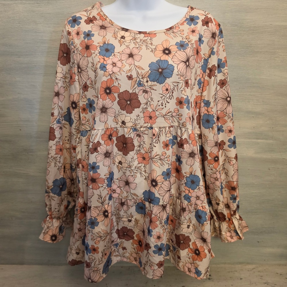 Emery Rose Multicolor Earth Toned Floral Print Tiered Hem Blouse Size‎ Medium GC